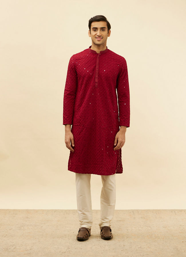 alt message - Manyavar Men Deep Red Chikankari Embroidered Sequined Kurta Set image number 2