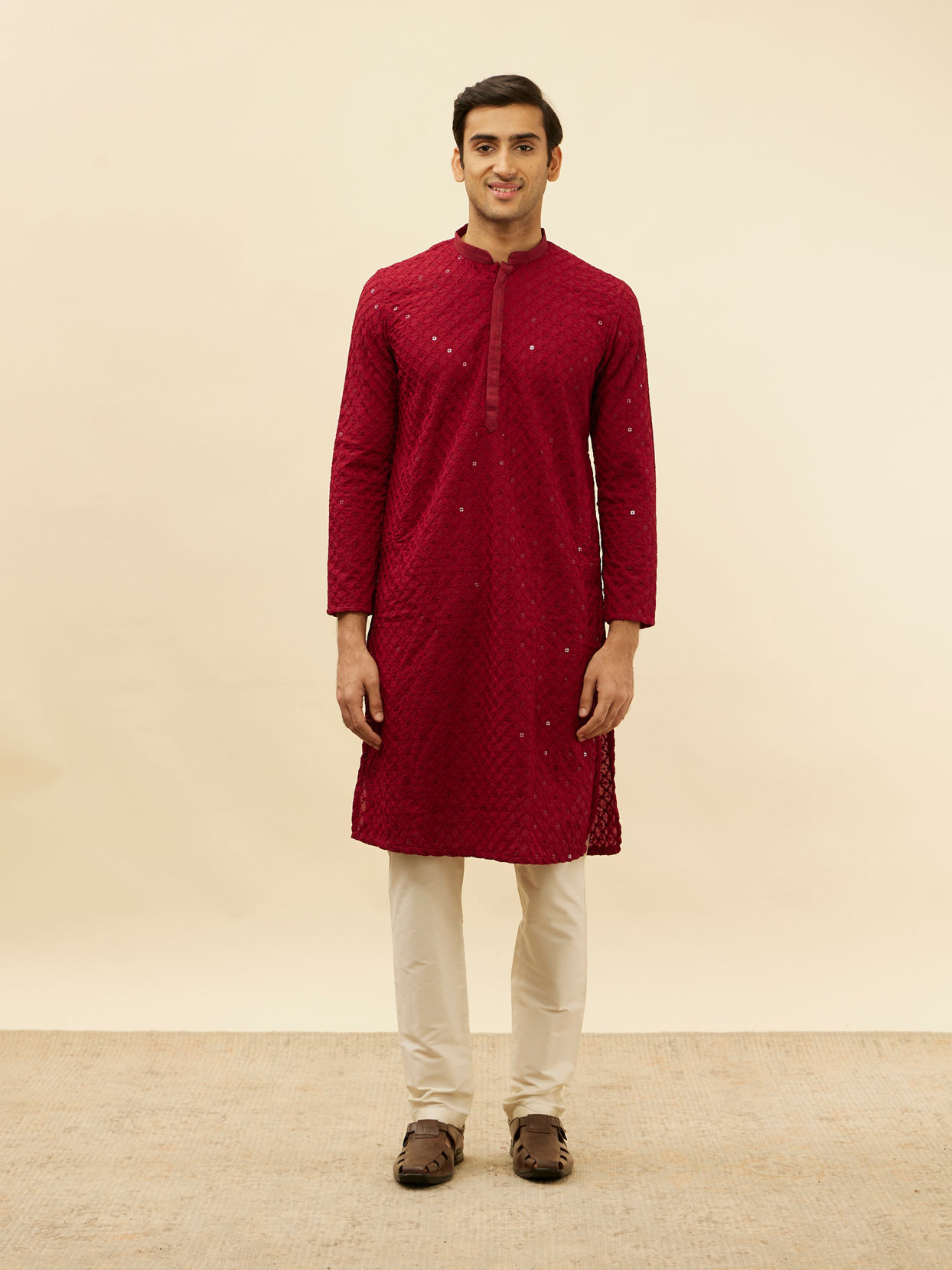 Manyavar Men Deep Red Chikankari Embroidered Sequined Kurta Set