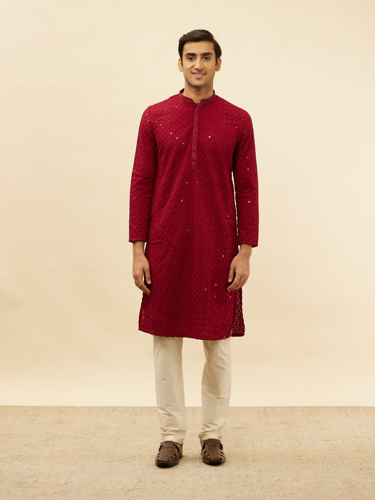 alt message - Manyavar Men Deep Red Chikankari Embroidered Sequined Kurta Set image number 2