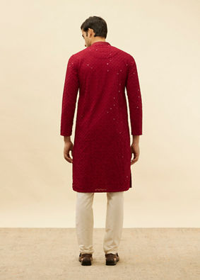 alt message - Manyavar Men Deep Red Chikankari Embroidered Sequined Kurta Set image number 5