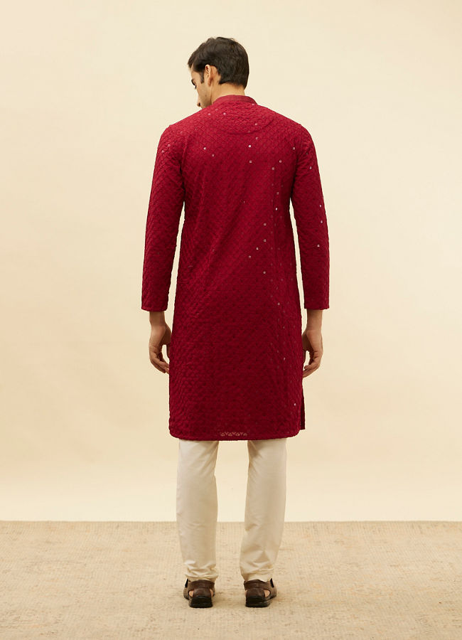 alt message - Manyavar Men Deep Red Chikankari Embroidered Sequined Kurta Set image number 5