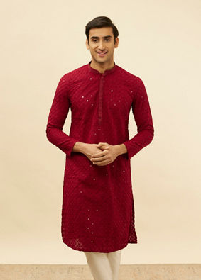 alt message - Manyavar Men Deep Red Chikankari Embroidered Sequined Kurta Set image number 0