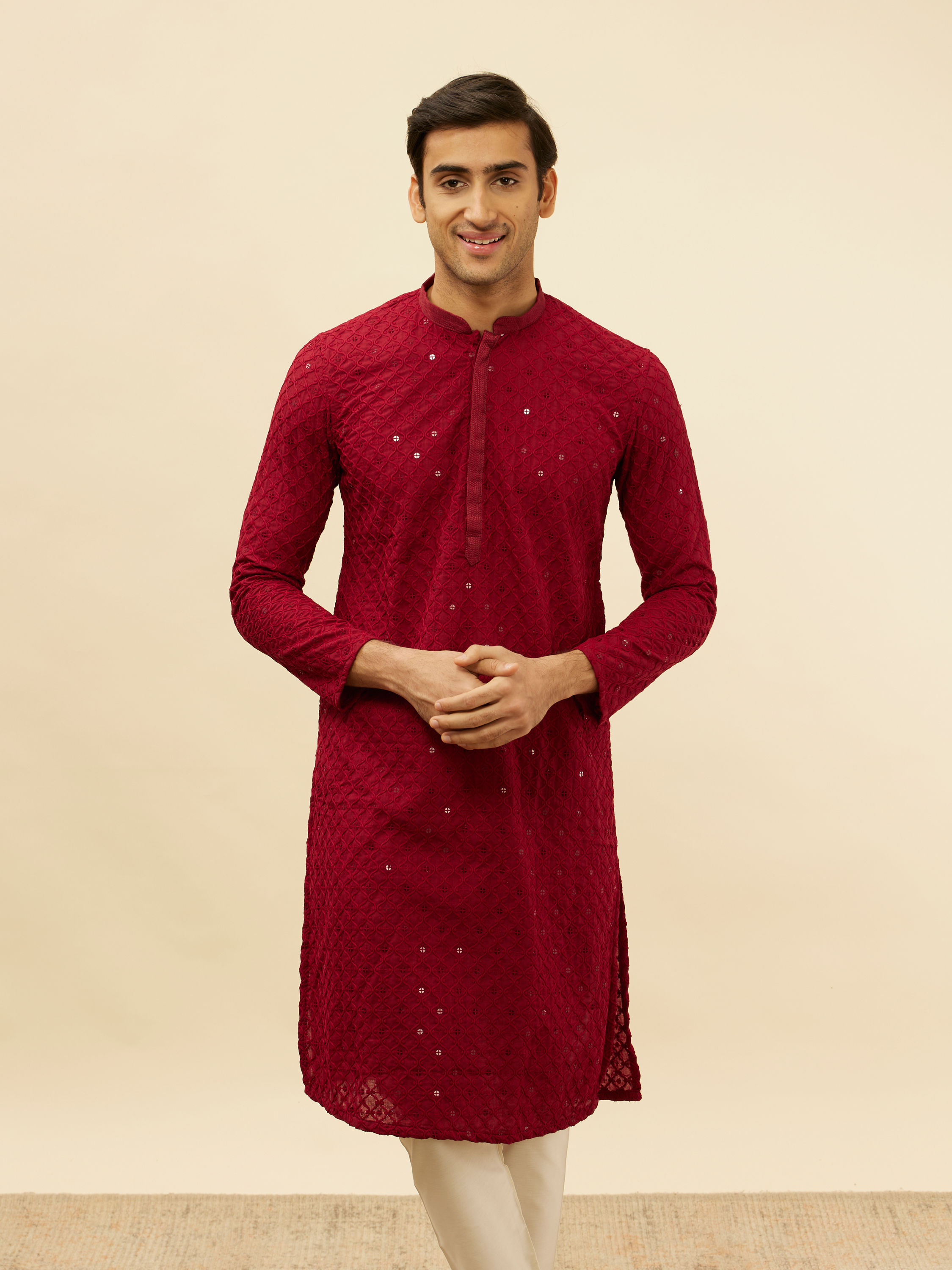 Manyavar Men Deep Red Chikankari Embroidered Sequined Kurta Set