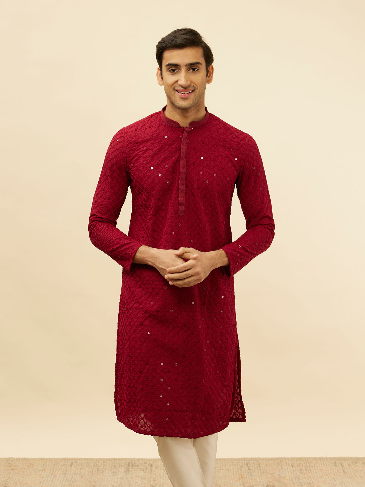 alt message - Manyavar Men Deep Red Chikankari Embroidered Sequined Kurta Set image number 0