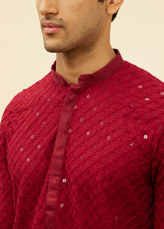 Manyavar Men Deep Red Chikankari Embroidered Sequined Kurta Set