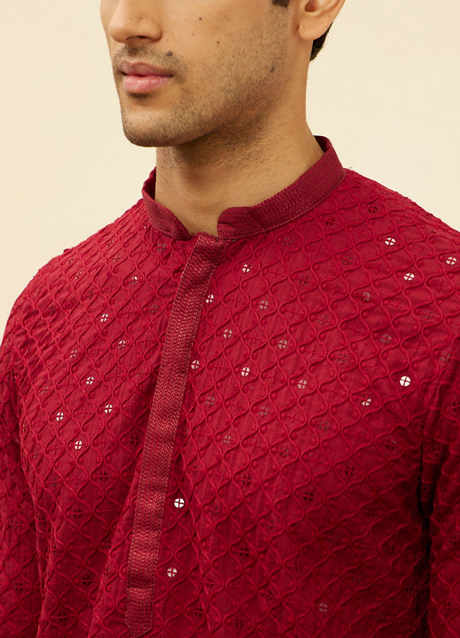 alt message - Manyavar Men Deep Red Chikankari Embroidered Sequined Kurta Set image number 1