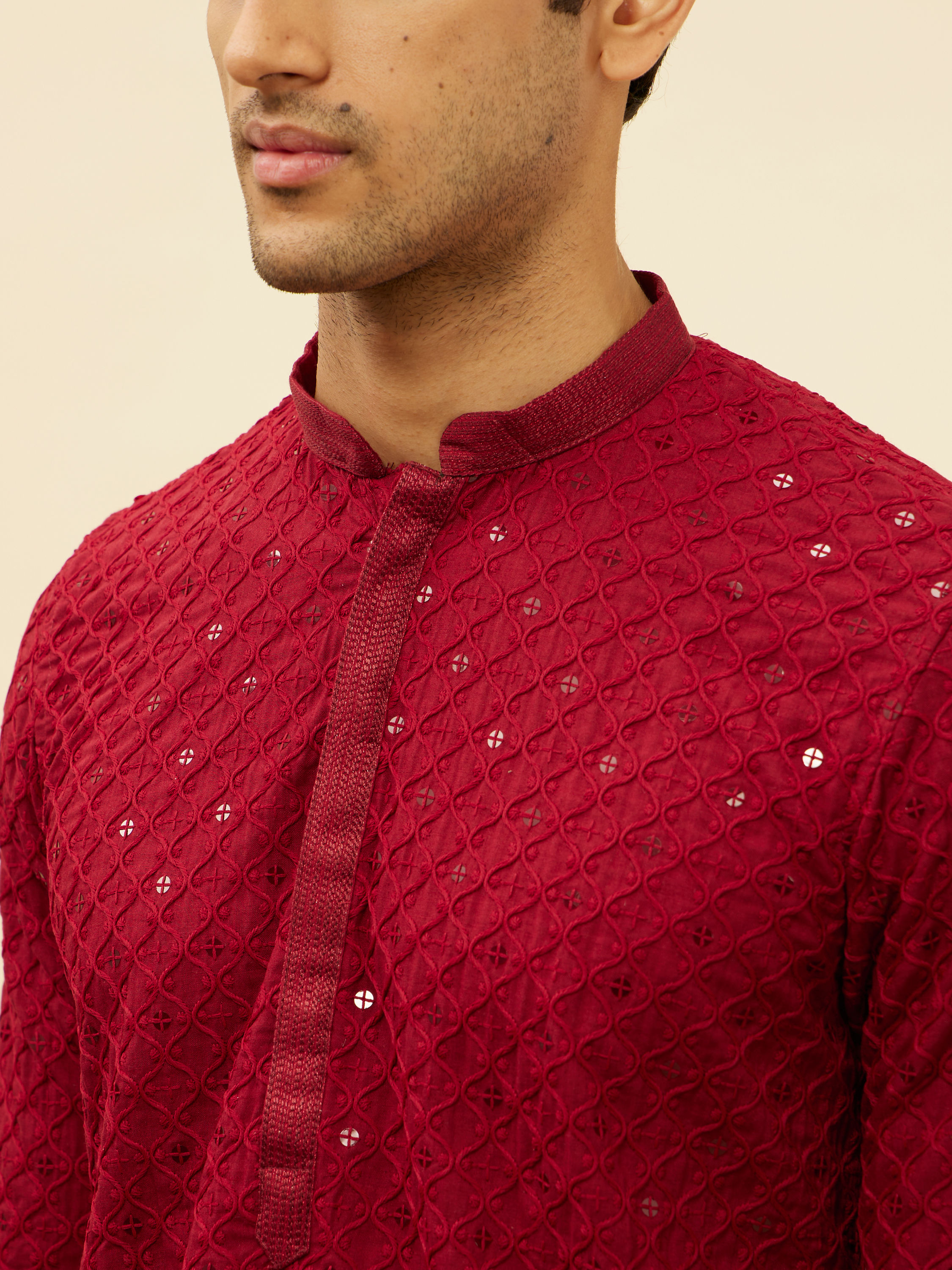 Manyavar Men Deep Red Chikankari Embroidered Sequined Kurta Set