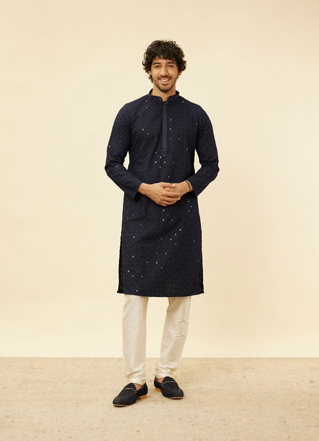 alt message - Manyavar Men Midnight Blue Chikankari Embroidered Sequinned Kurta Set image number 2