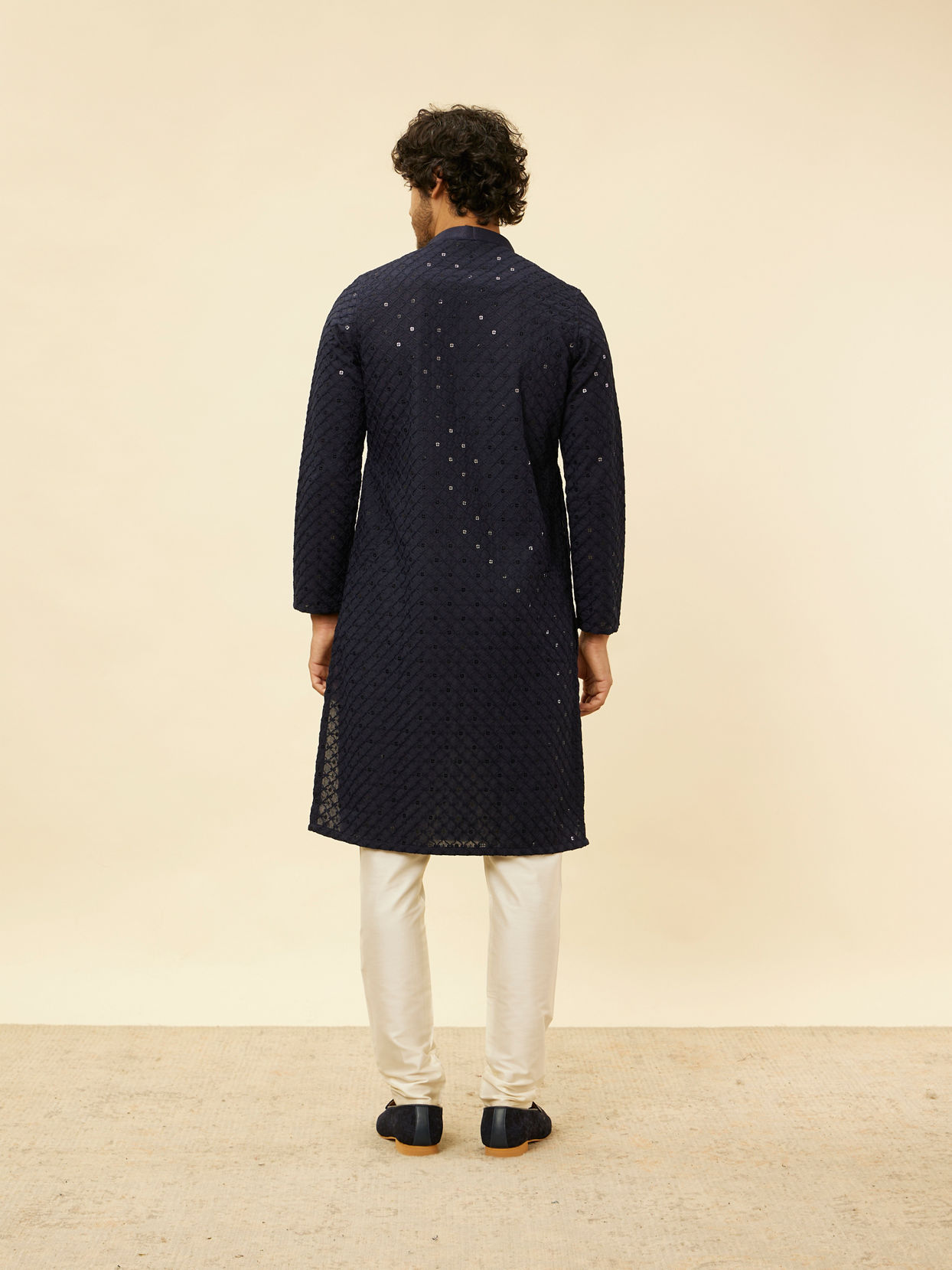 Manyavar Men Midnight Blue Chikankari Embroidered Sequinned Kurta Set