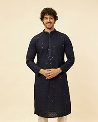 Manyavar Men Midnight Blue Chikankari Embroidered Sequinned Kurta Set