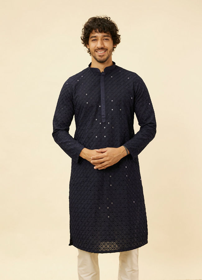 alt message - Manyavar Men Midnight Blue Chikankari Embroidered Sequinned Kurta Set image number 0