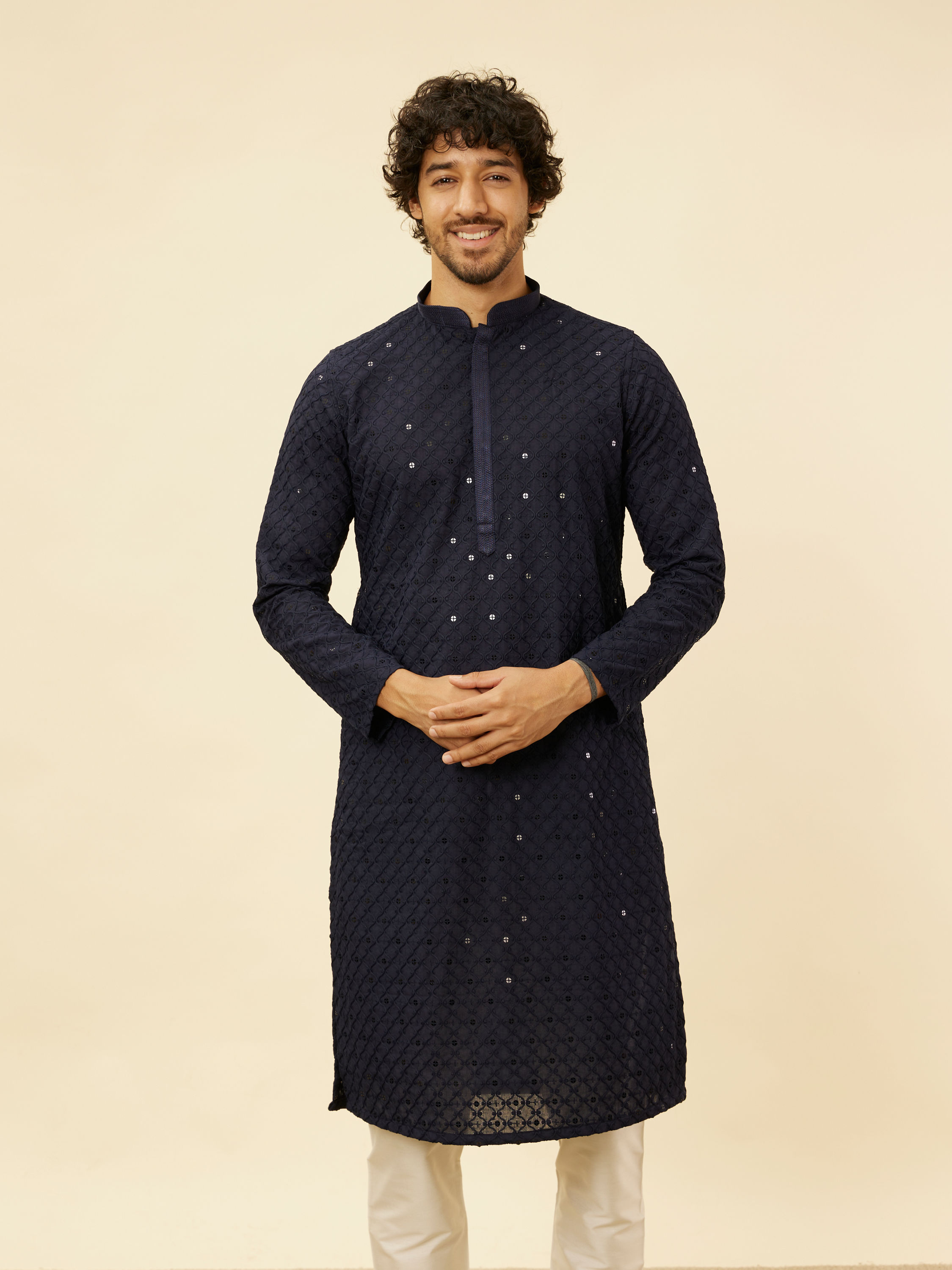 Manyavar Men Midnight Blue Chikankari Embroidered Sequinned Kurta Set