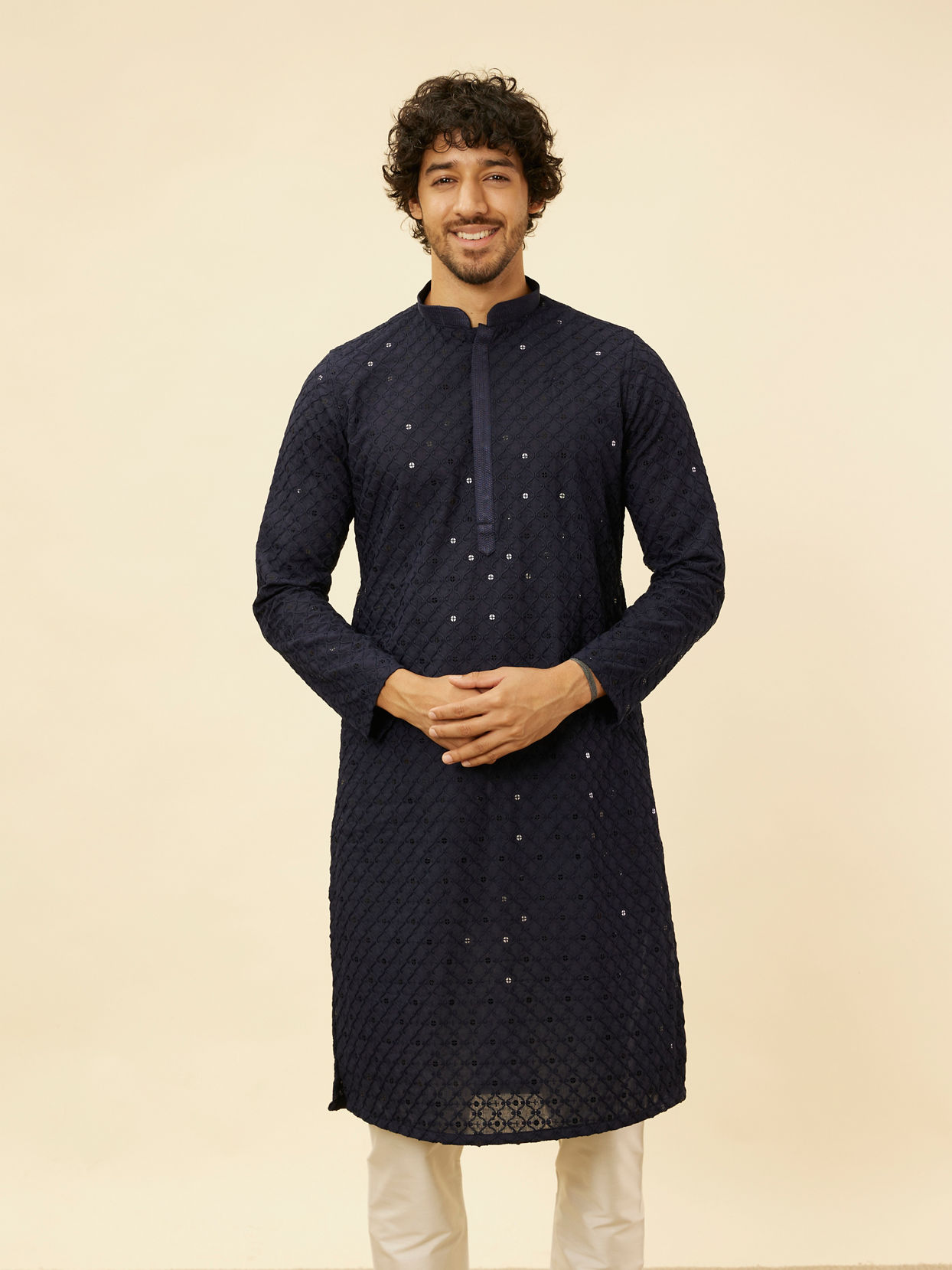 alt message - Manyavar Men Midnight Blue Chikankari Embroidered Sequinned Kurta Set image number 0