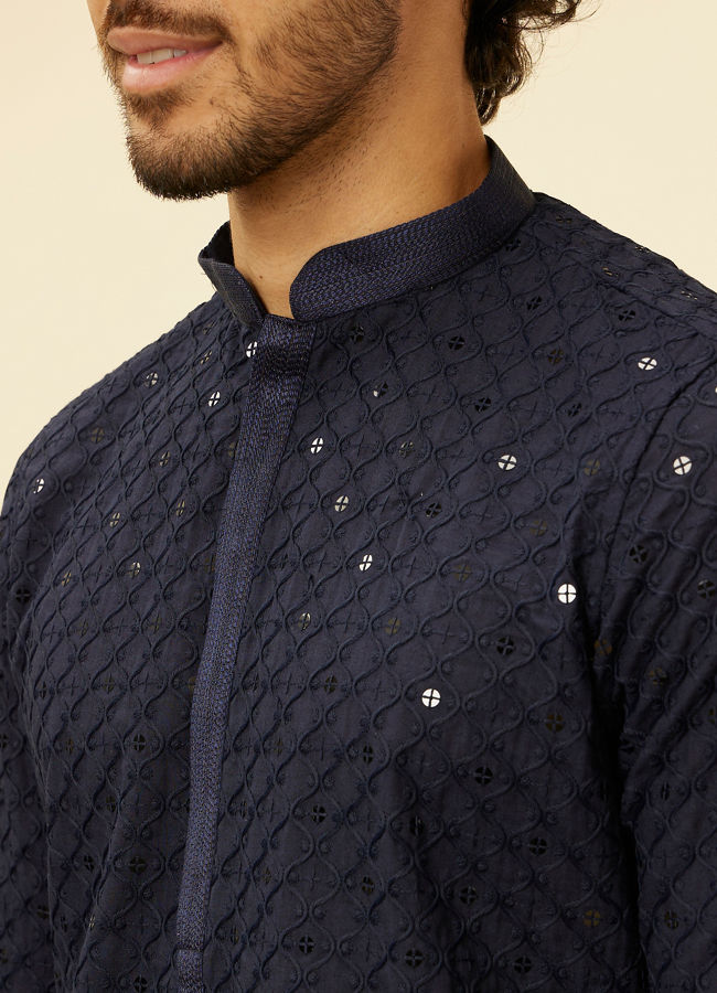 alt message - Manyavar Men Midnight Blue Chikankari Embroidered Sequinned Kurta Set image number 1