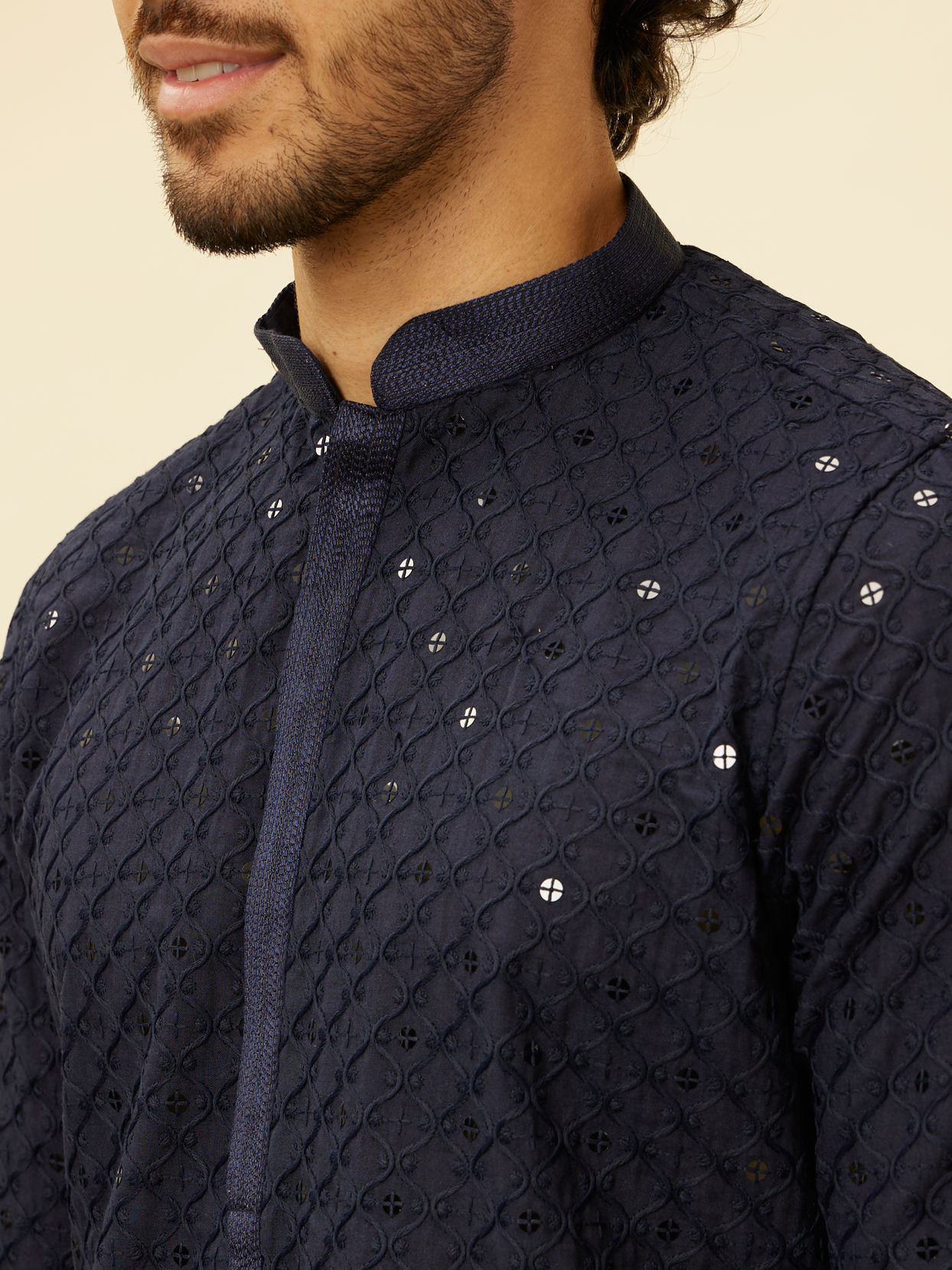 alt message - Manyavar Men Midnight Blue Chikankari Embroidered Sequinned Kurta Set image number 1