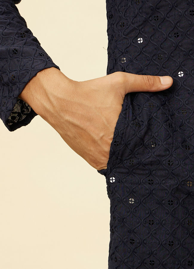 Manyavar Men Midnight Blue Chikankari Embroidered Sequinned Kurta Set