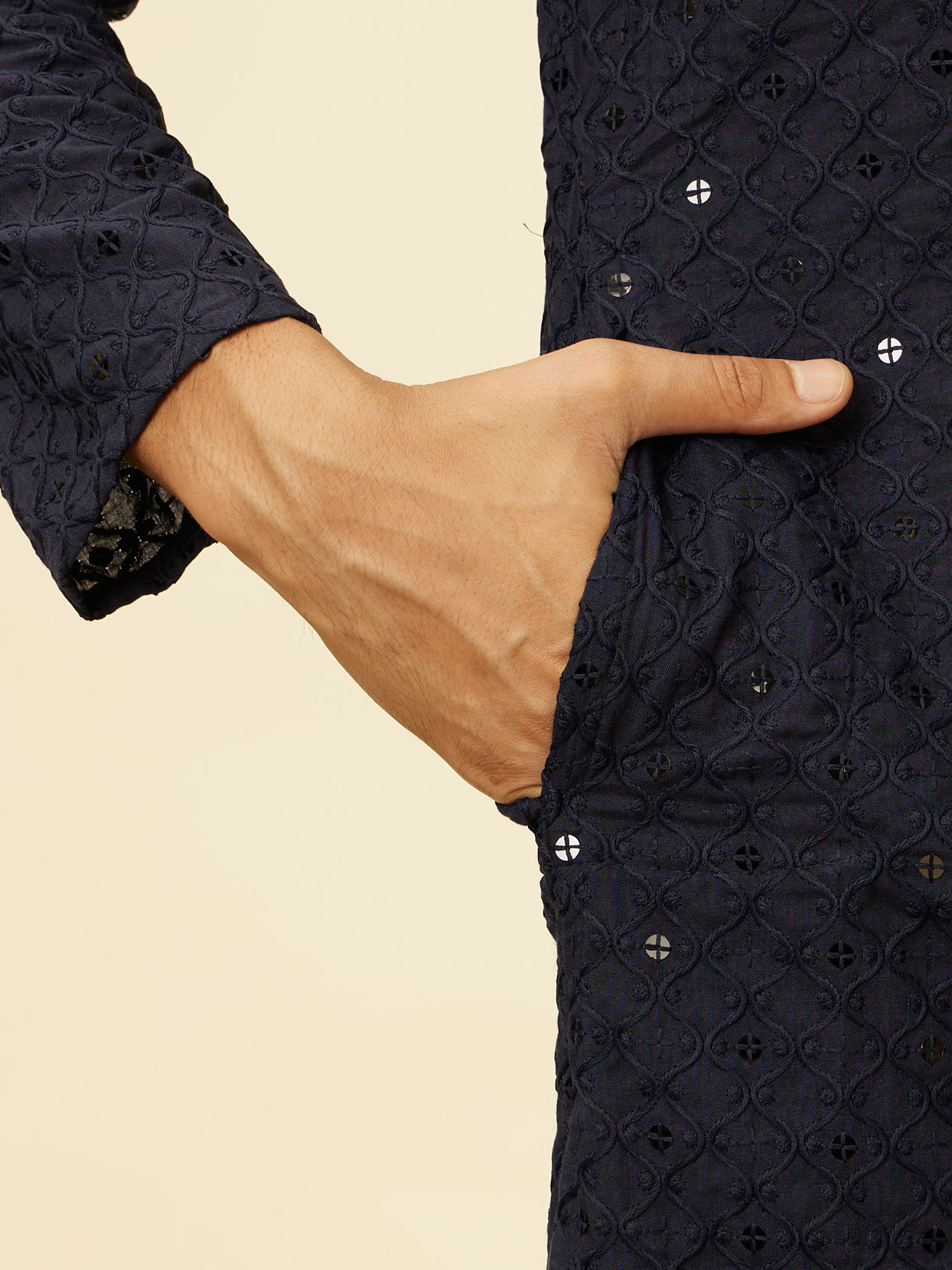 Manyavar Men Midnight Blue Chikankari Embroidered Sequinned Kurta Set