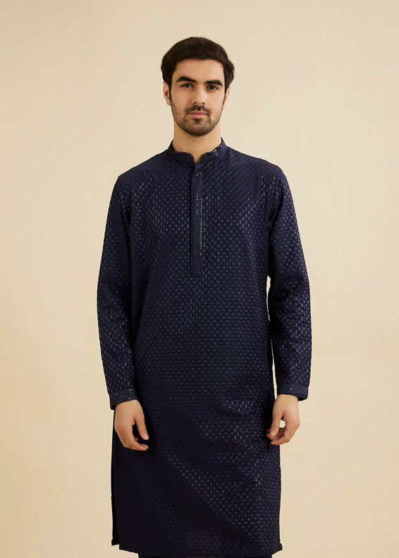 Manyavar Men Midnight Blue Embroidered Kurta Set With Sequin Work