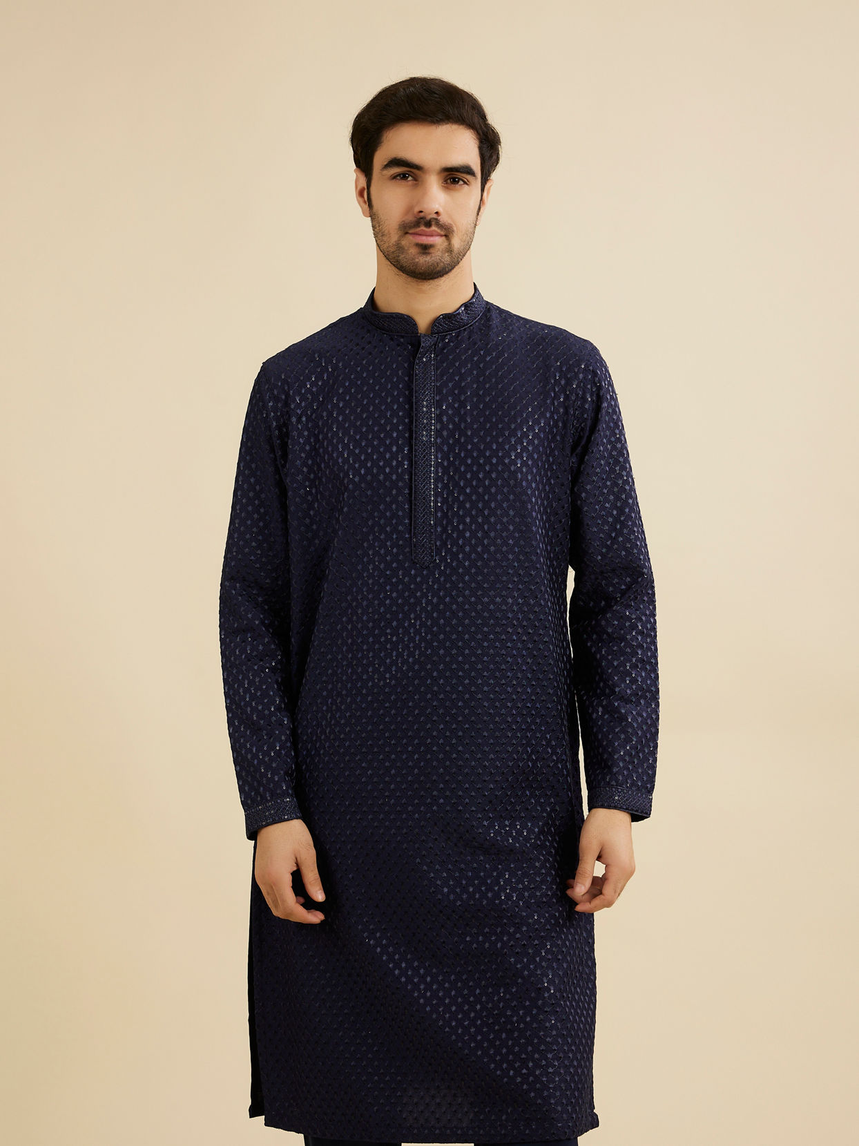 Manyavar Men Midnight Blue Embroidered Kurta Set With Sequin Work