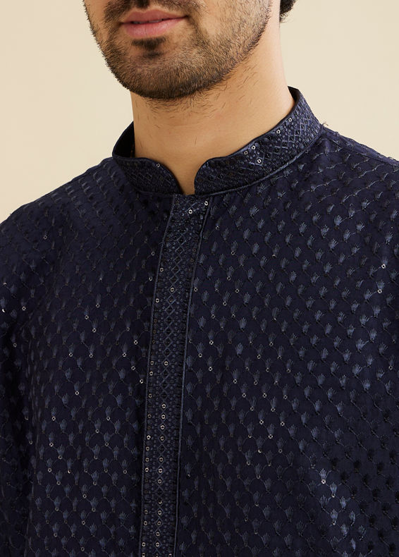 Manyavar Men Midnight Blue Embroidered Kurta Set With Sequin Work
