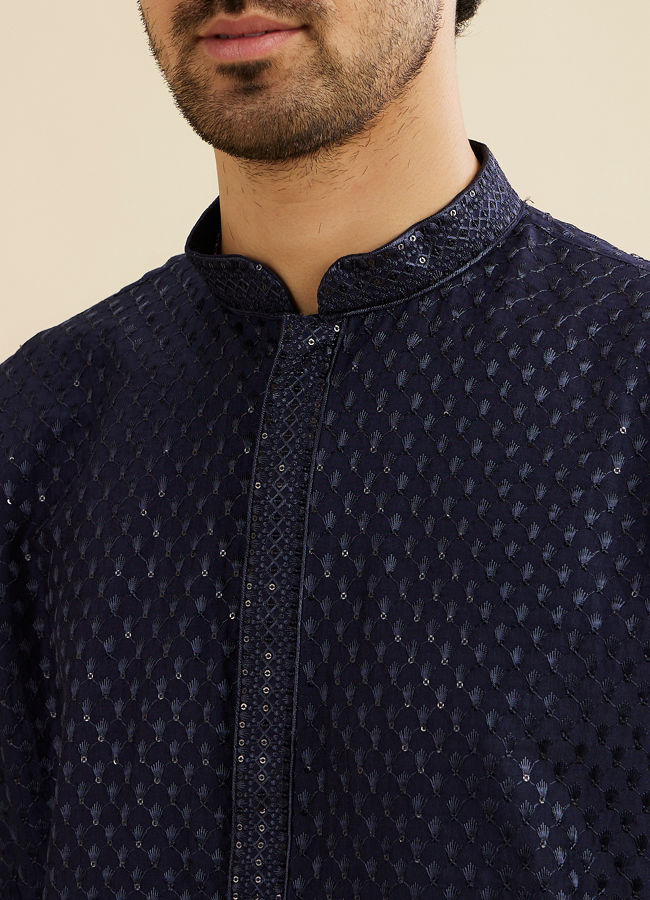 Manyavar Men Midnight Blue Embroidered Kurta Set With Sequin Work