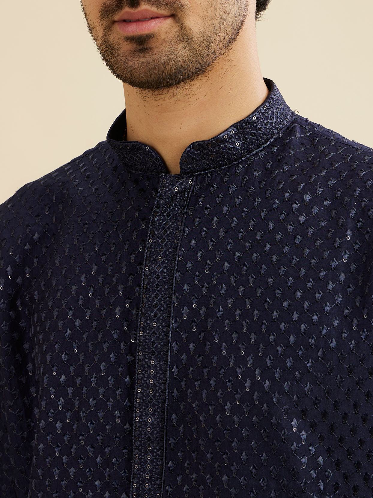 Manyavar Men Midnight Blue Embroidered Kurta Set With Sequin Work