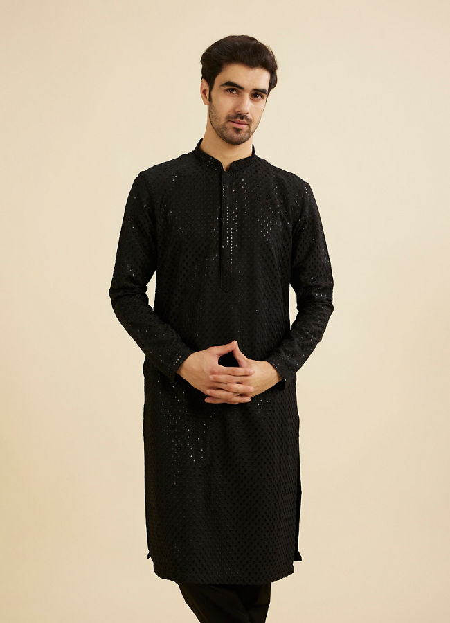 Manyavar Men Midnight Black Embroidered Kurta Set With Sequin Work