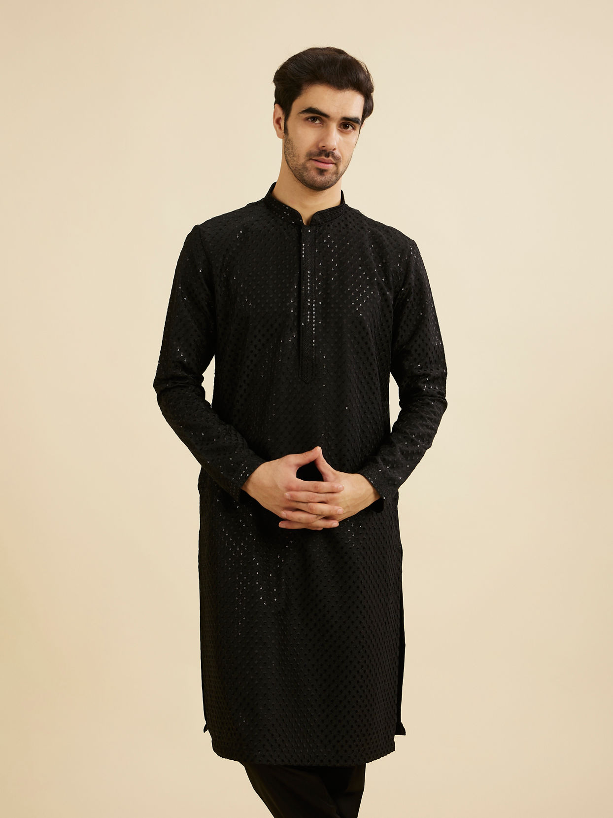 Manyavar Men Midnight Black Embroidered Kurta Set With Sequin Work