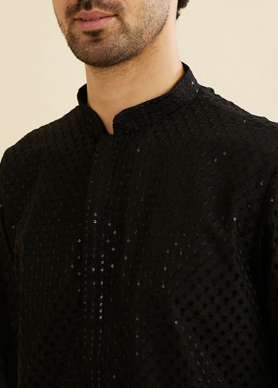 Manyavar Men Midnight Black Embroidered Kurta Set With Sequin Work