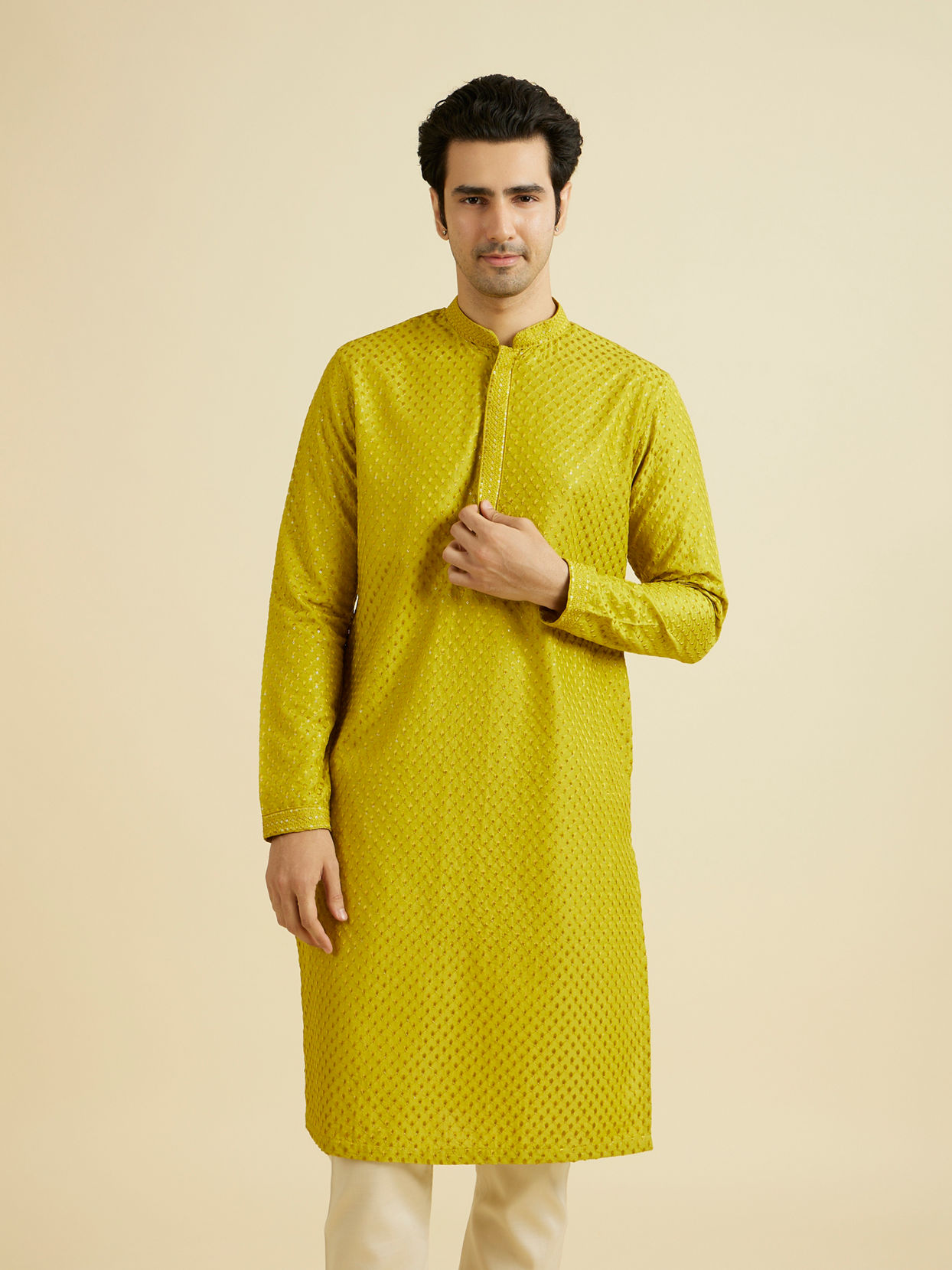 Manyavar Men Enchanting Mehndi Green Kurta Pajama