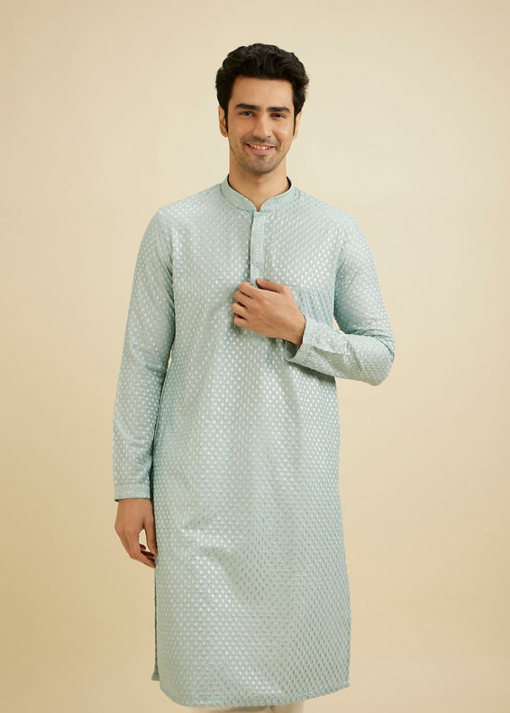 Manyavar Men Ice Blue Embroidered Kurta Set With Sequin Work