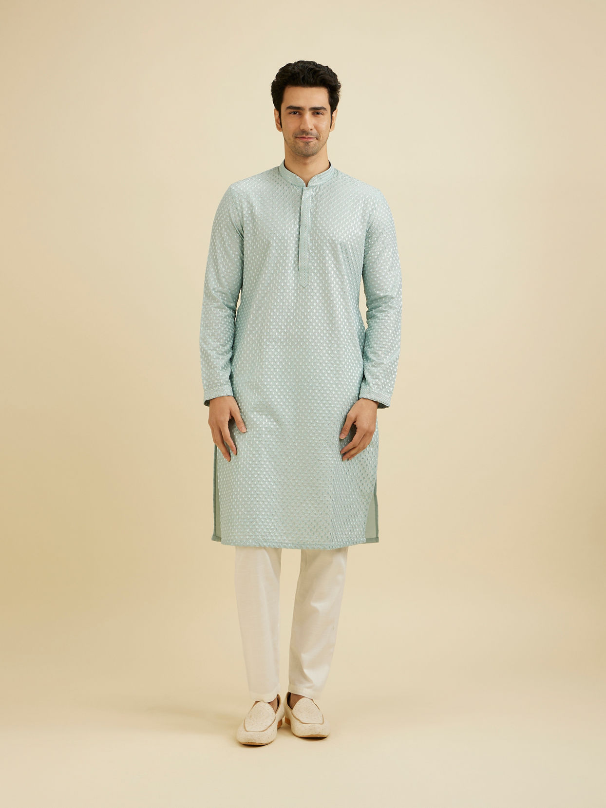 Manyavar Men Ice Blue Embroidered Kurta Set With Sequin Work