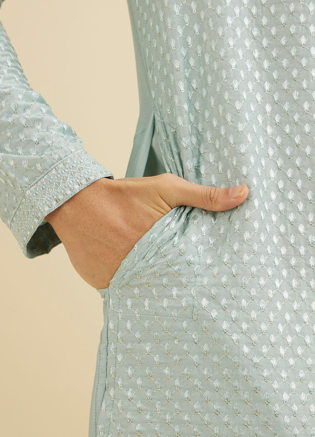Manyavar Men Ice Blue Embroidered Kurta Set With Sequin Work