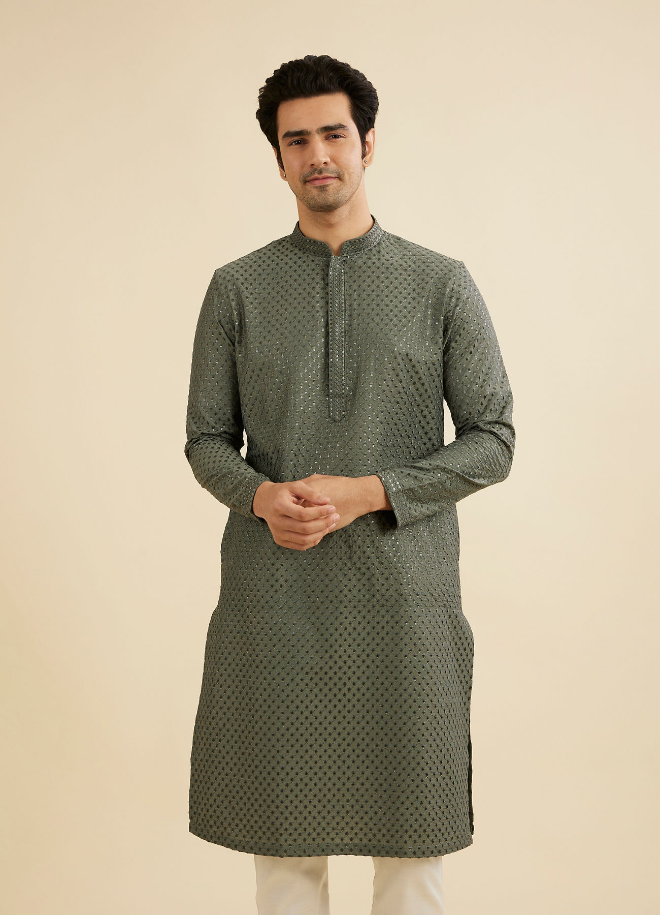 Manyavar Men Glistening Olive Green Kurta Pajama