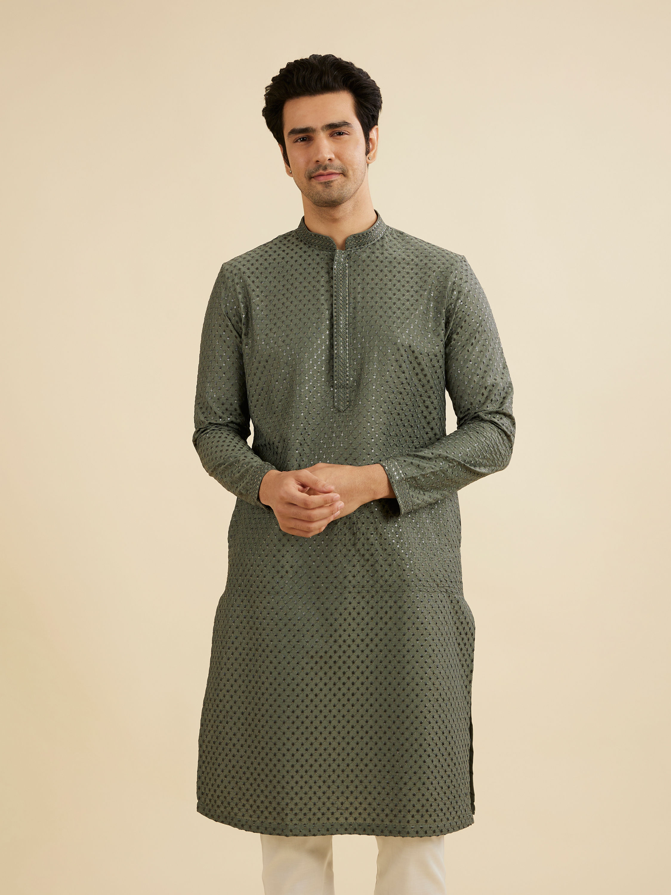 Manyavar Men Glistening Olive Green Kurta Pajama