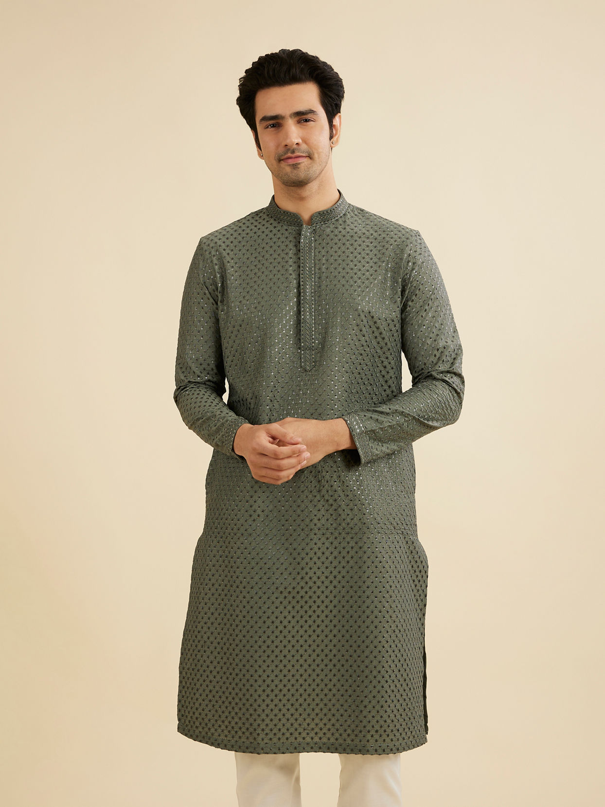 Manyavar Men Olive Green Embroidered Kurta Set With Sequin Work