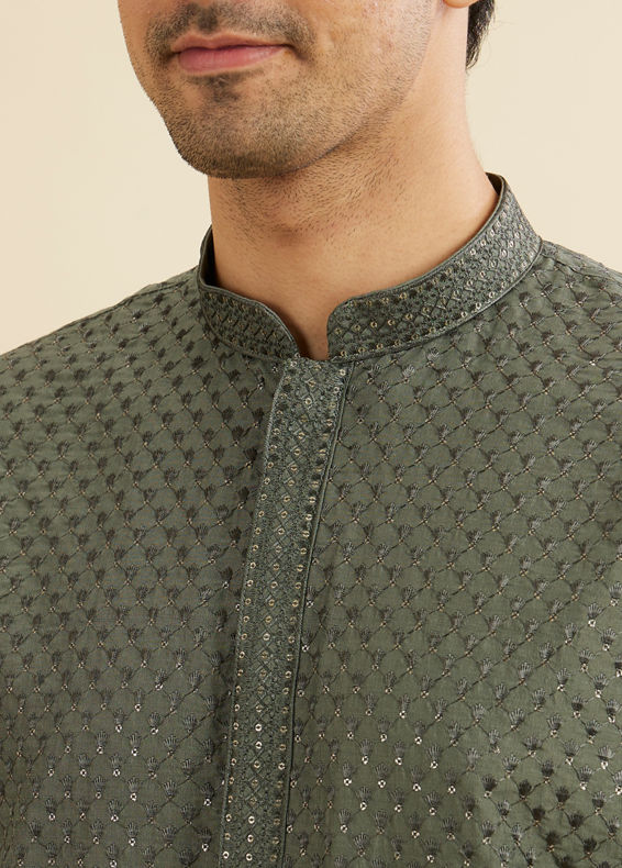 Manyavar Men Olive Green Embroidered Kurta Set With Sequin Work