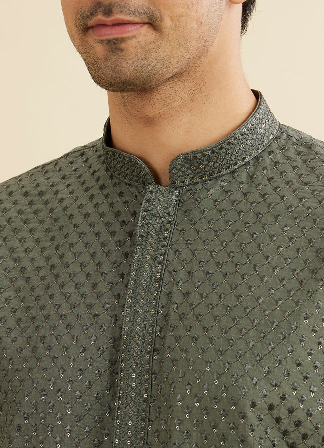 Manyavar Men Olive Green Embroidered Kurta Set With Sequin Work