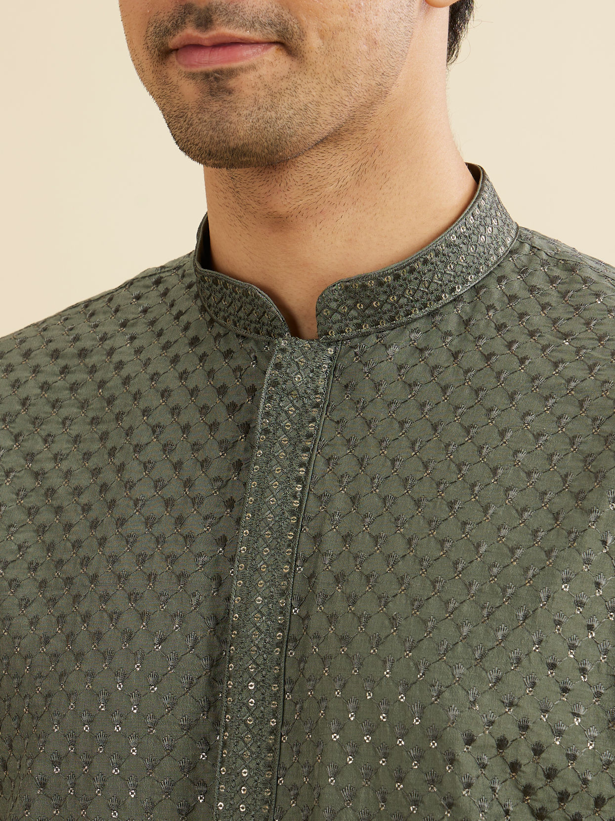 Manyavar Men Olive Green Embroidered Kurta Set With Sequin Work