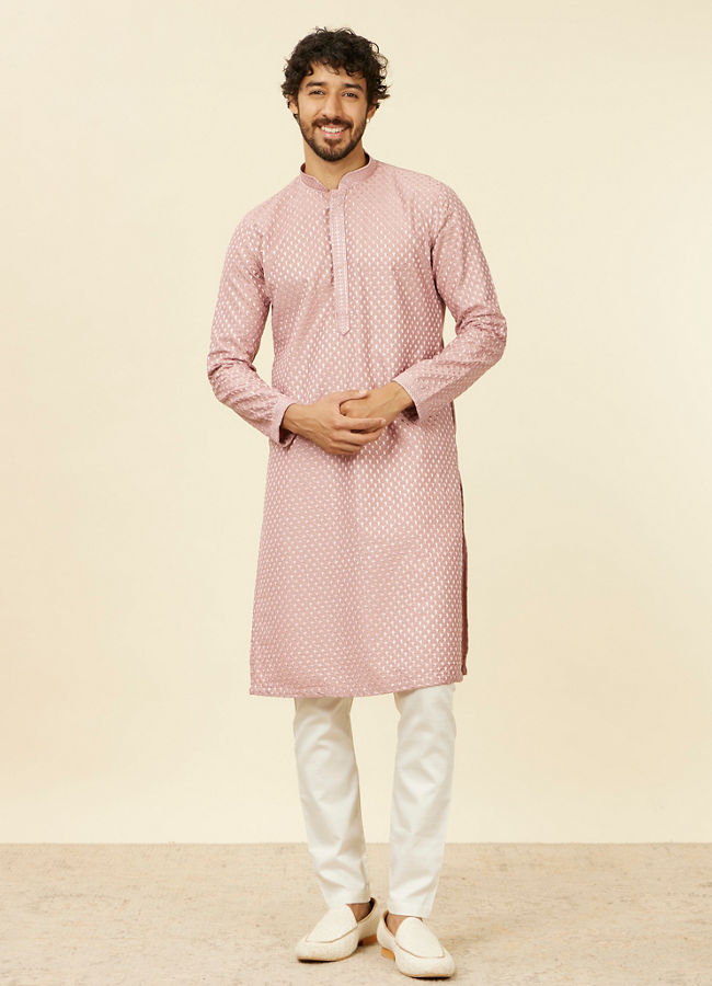 Manyavar Men Dusty Pink Self Patterned Kurta Set