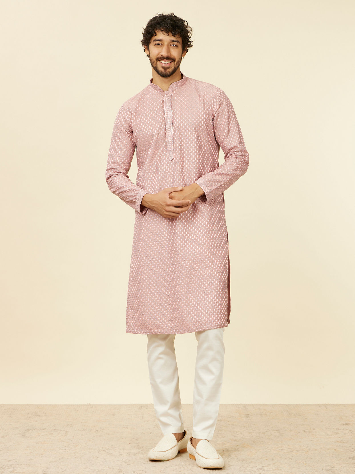 Manyavar Men Dusty Pink Self Patterned Kurta Set
