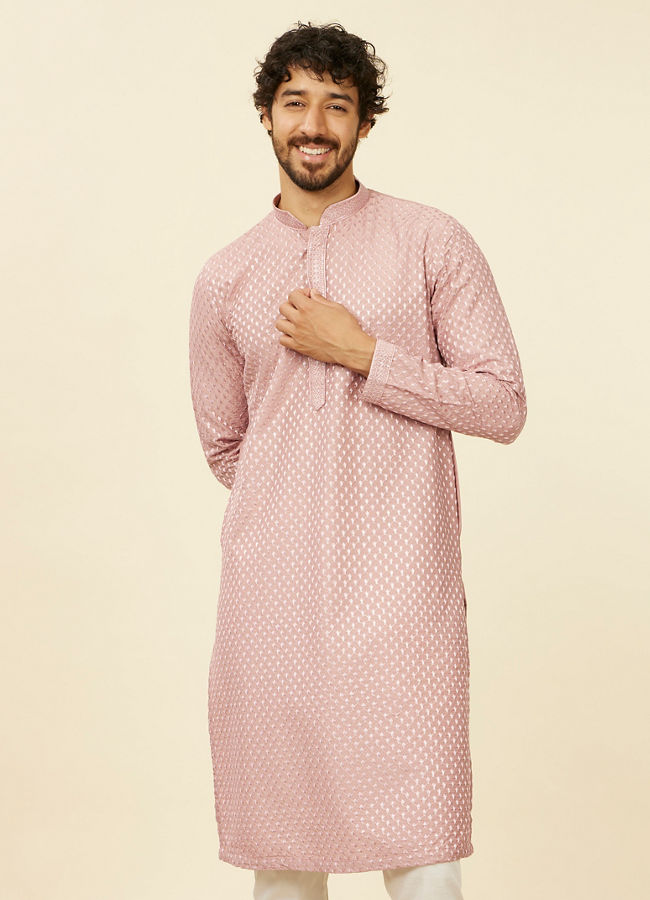 alt message - Manyavar Men Dusty Pink Self Patterned Kurta Set image number 0