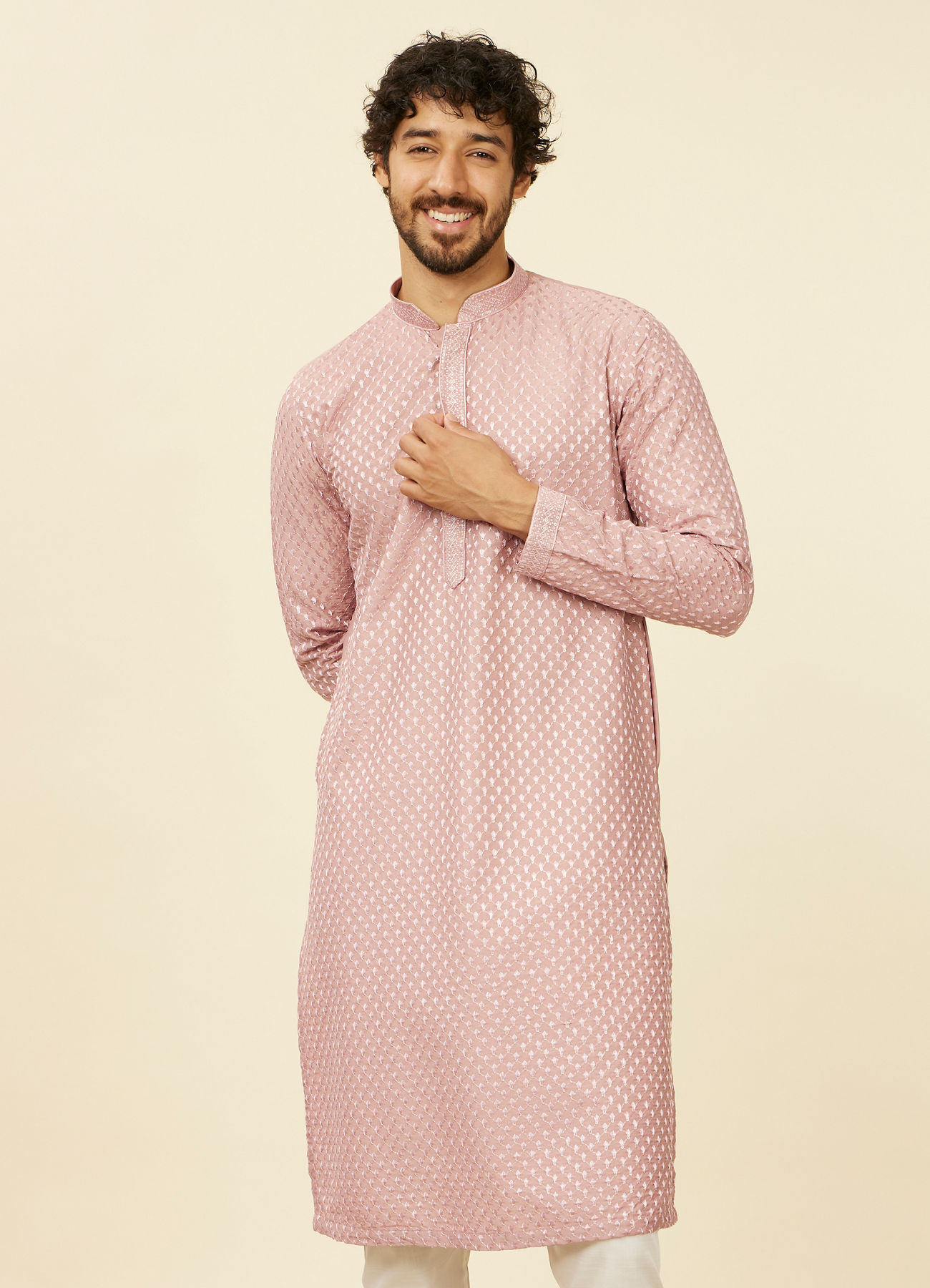 Manyavar Men Dusty Pink Self Patterned Kurta Set