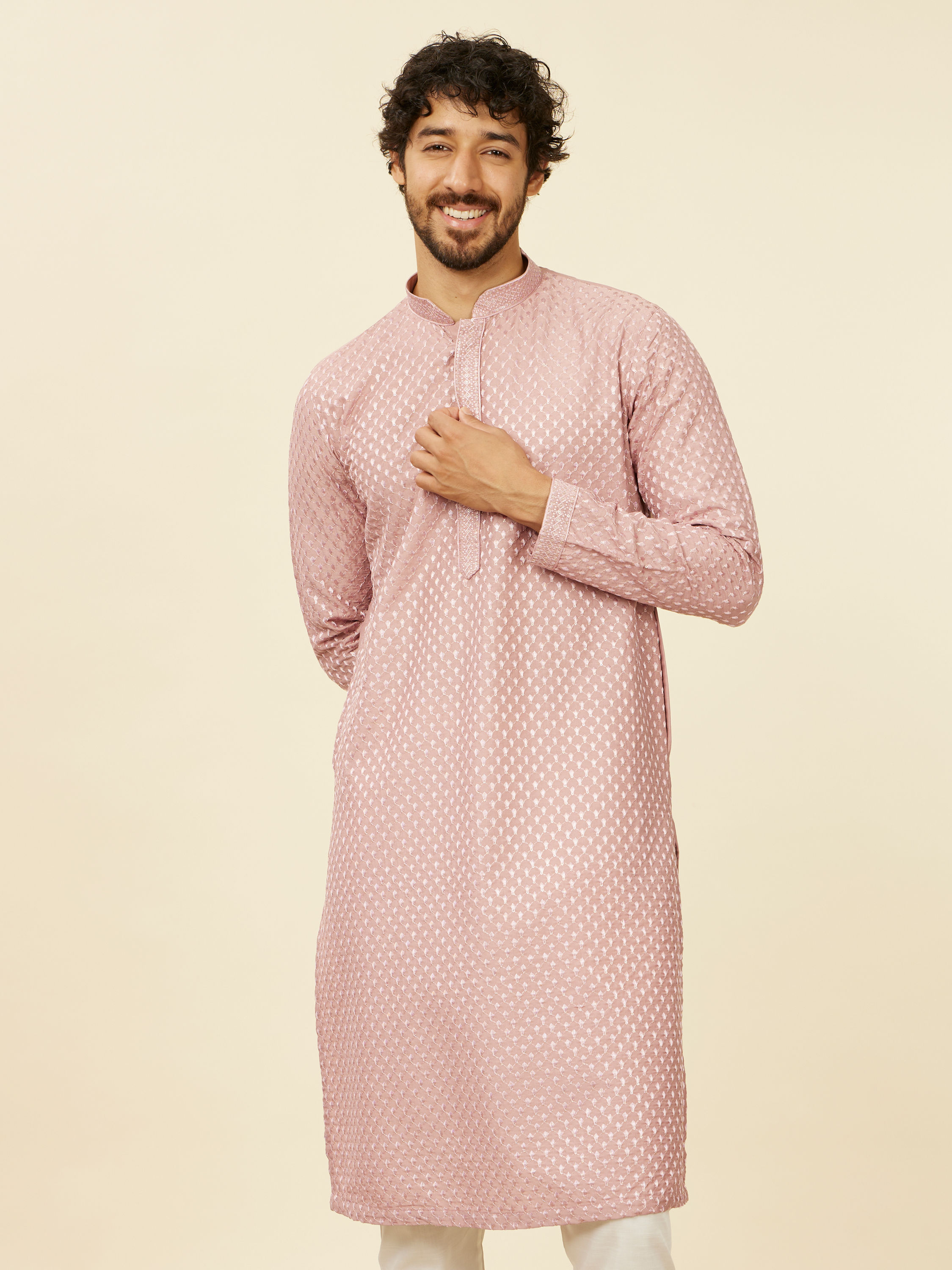 Manyavar Men Dusty Pink Self Patterned Kurta Set