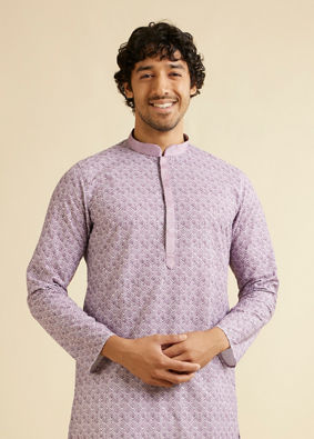 Manyavar Men Soft Purple Lattice Patterned Chikankari Inspired Kurta Set image number 0