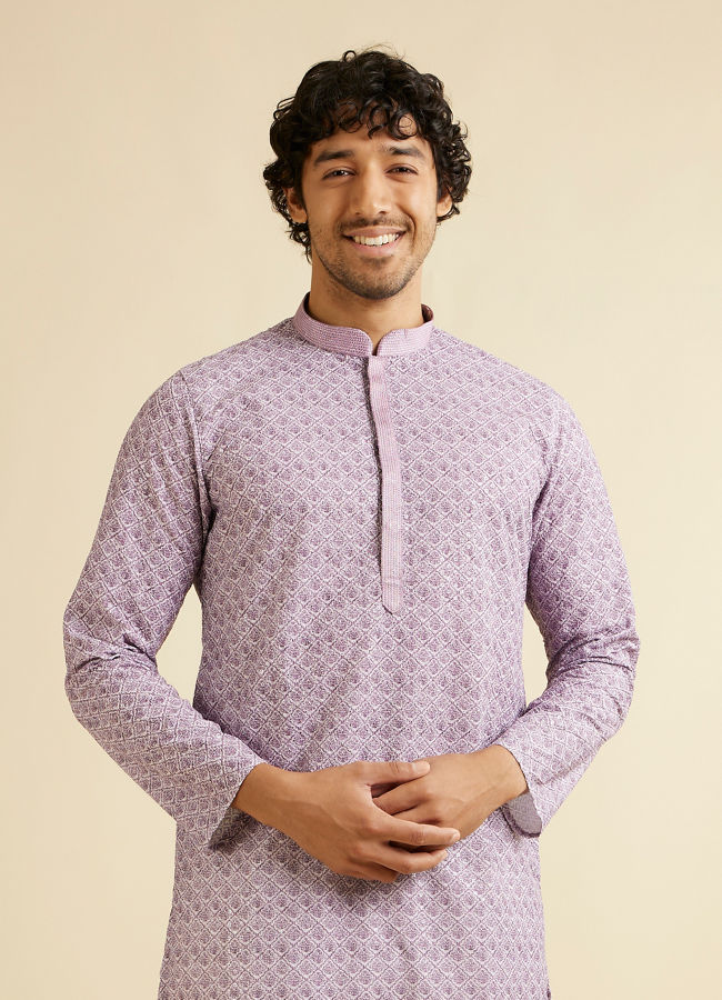 alt message - Manyavar Men Soft Purple Lattice Patterned Chikankari Inspired Kurta Set image number 0