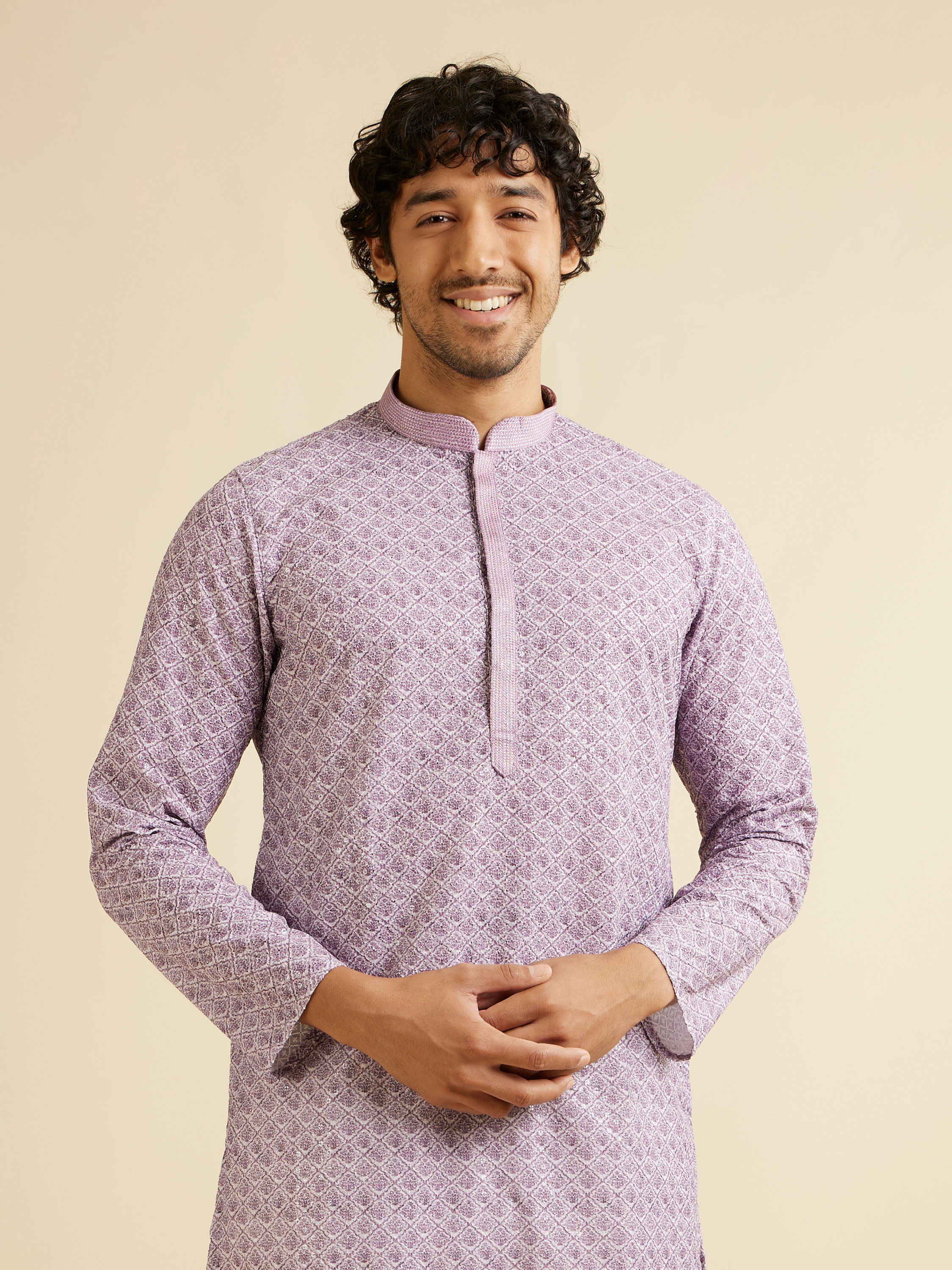 Manyavar Men Soft Purple Lattice Patterned Chikankari Inspired Kurta Set