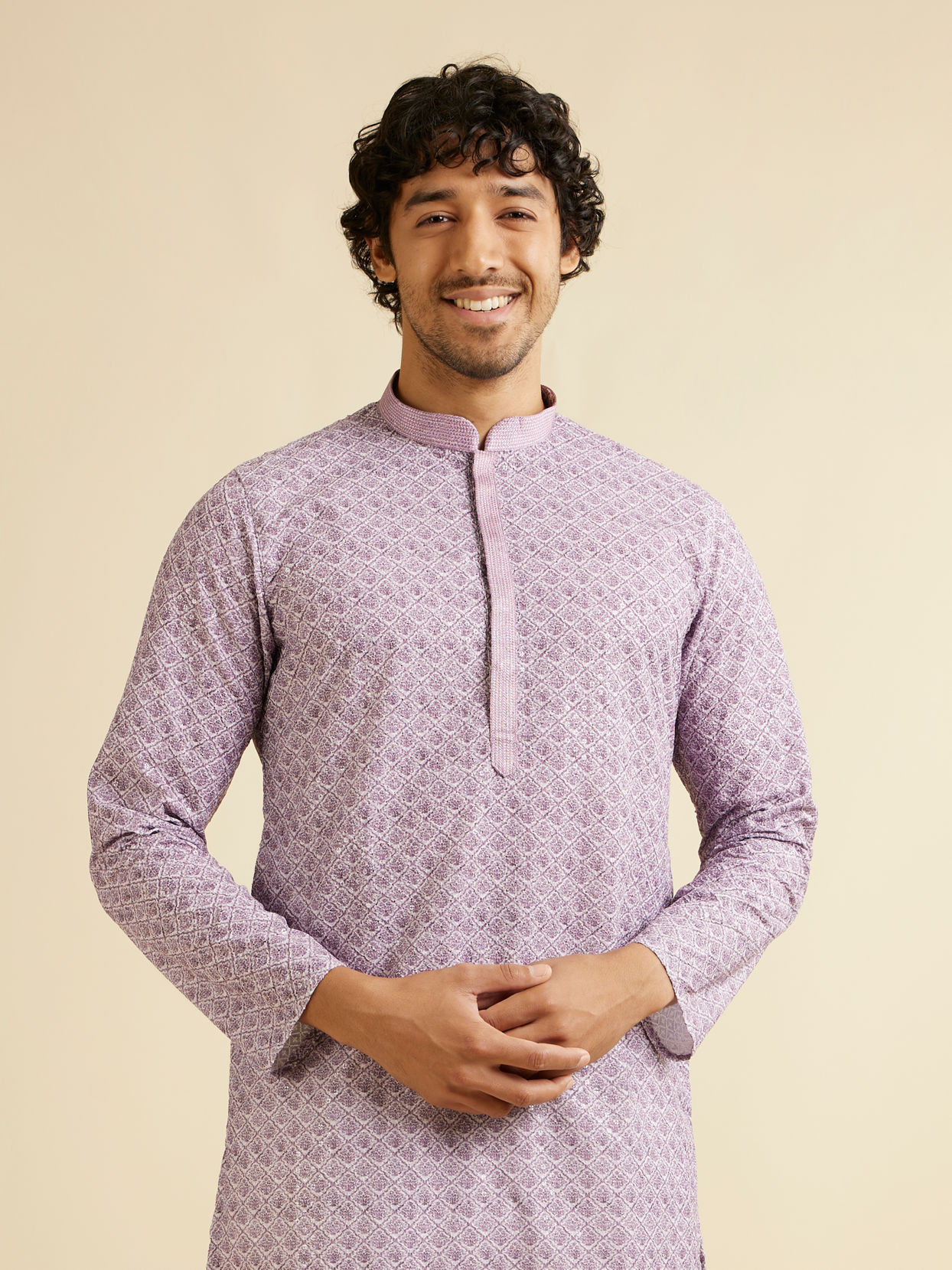 alt message - Manyavar Men Soft Purple Lattice Patterned Chikankari Inspired Kurta Set image number 0