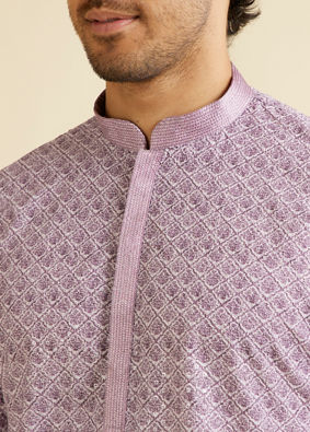 Manyavar Men Soft Purple Lattice Patterned Chikankari Inspired Kurta Set image number 1