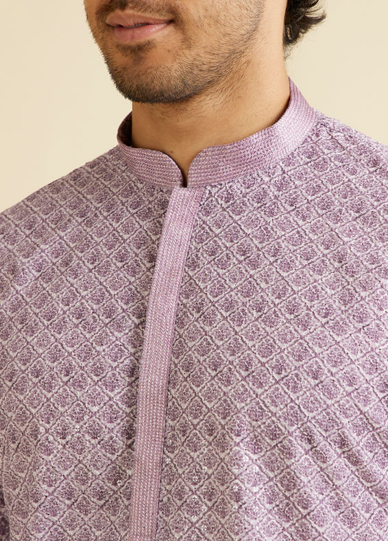 Manyavar Men Soft Purple Lattice Patterned Chikankari Inspired Kurta Set